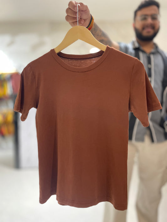 Women’s Solid Brown Round Neck T-Shirt – Minimal Casual Everyday Top
