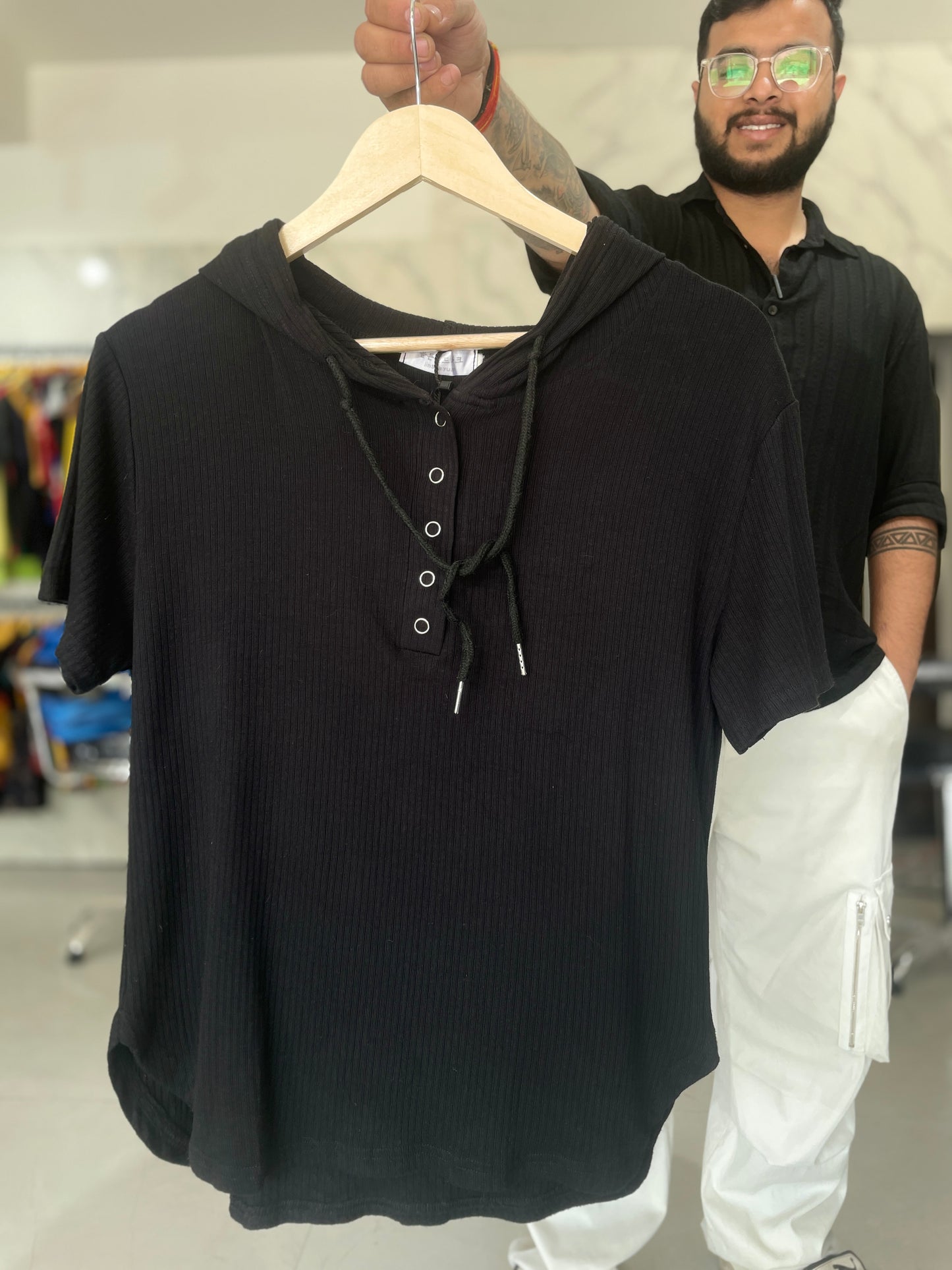 Black Ribbed Hooded Short Sleeve Top