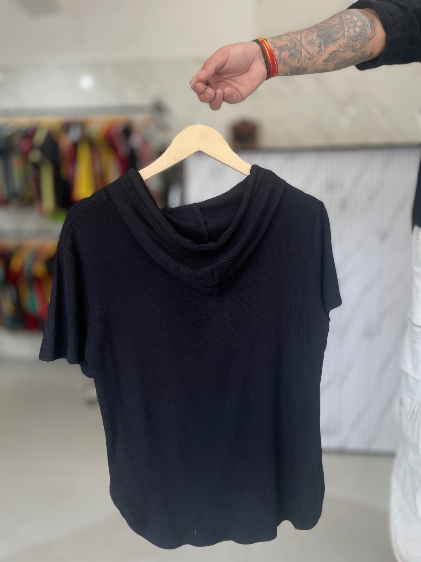 Black Ribbed Hooded Short Sleeve Top