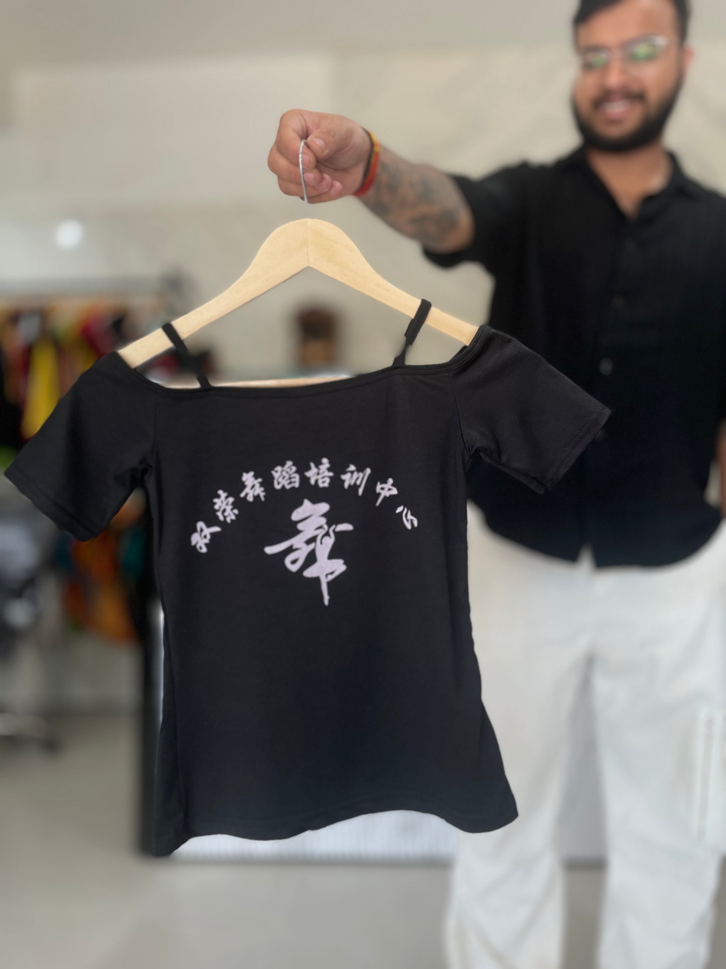 Black Off-Shoulder Oriental Calligraphy Cotton Top