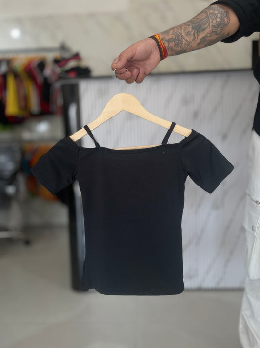 Black Off-Shoulder Oriental Calligraphy Cotton Top