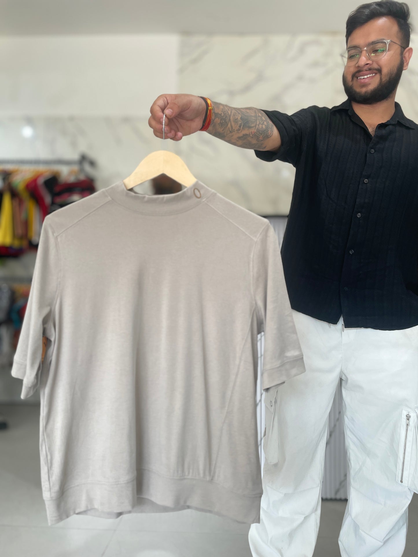 Beige High-Neck Short Sleeve Top