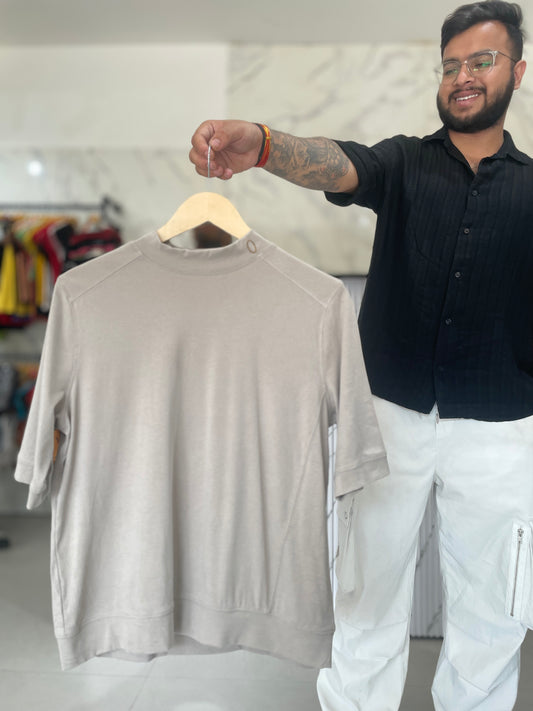 Beige High-Neck Short Sleeve Top