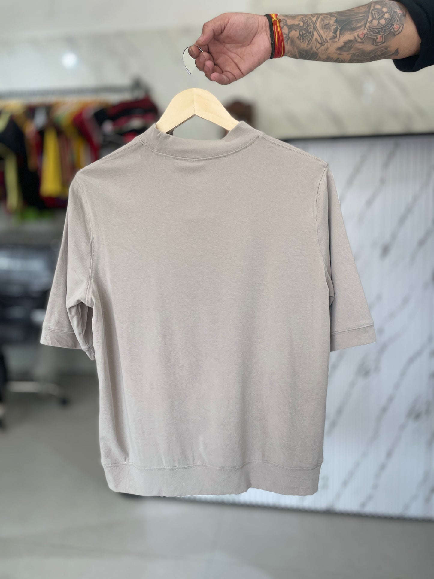 Beige High-Neck Short Sleeve Top