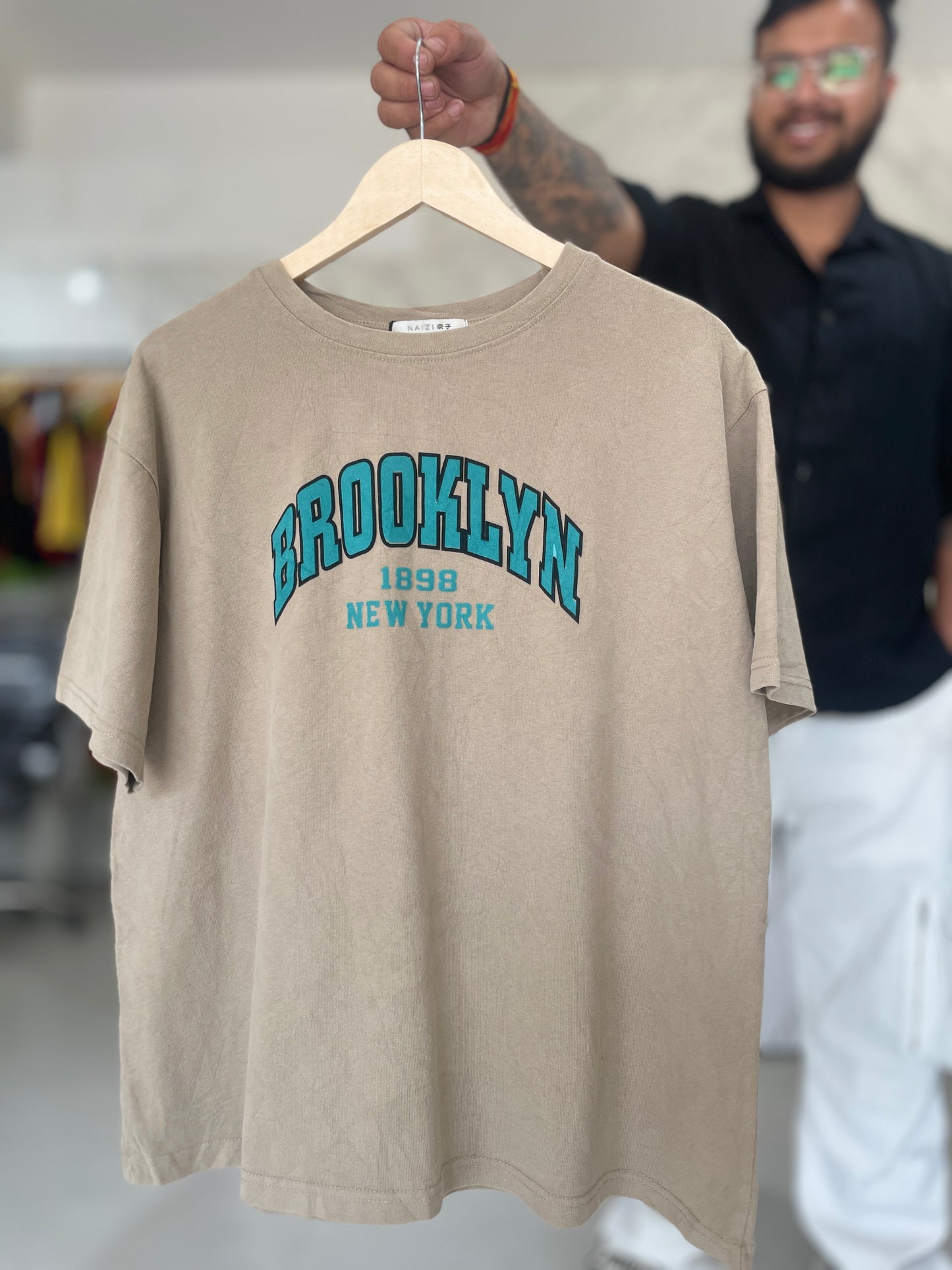 Beige Brooklyn Varsity Print Cotton T-Shirt