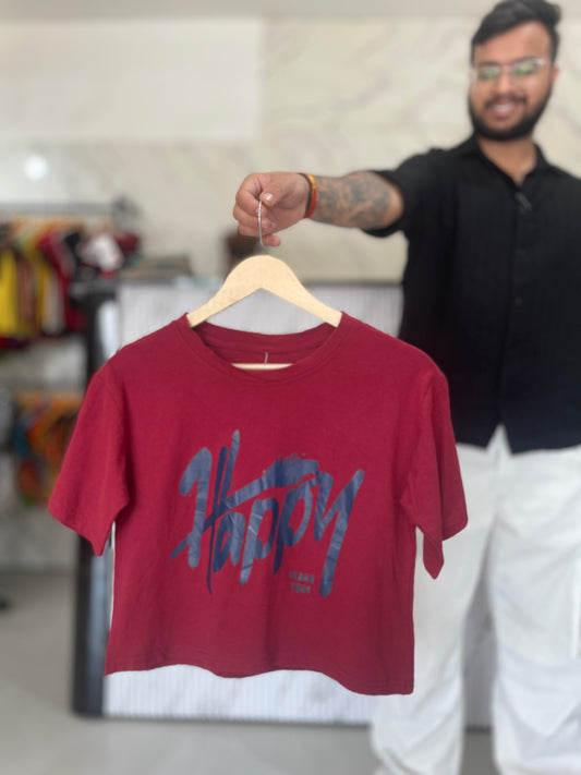 Maroon Happy Graphic Crop T-Shirt