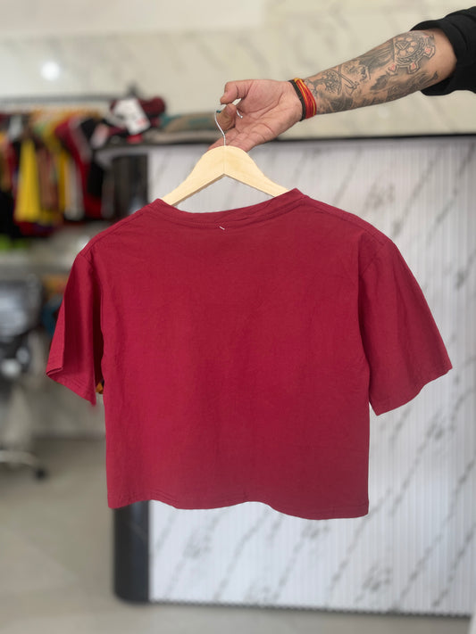 Maroon Happy Graphic Crop T-Shirt