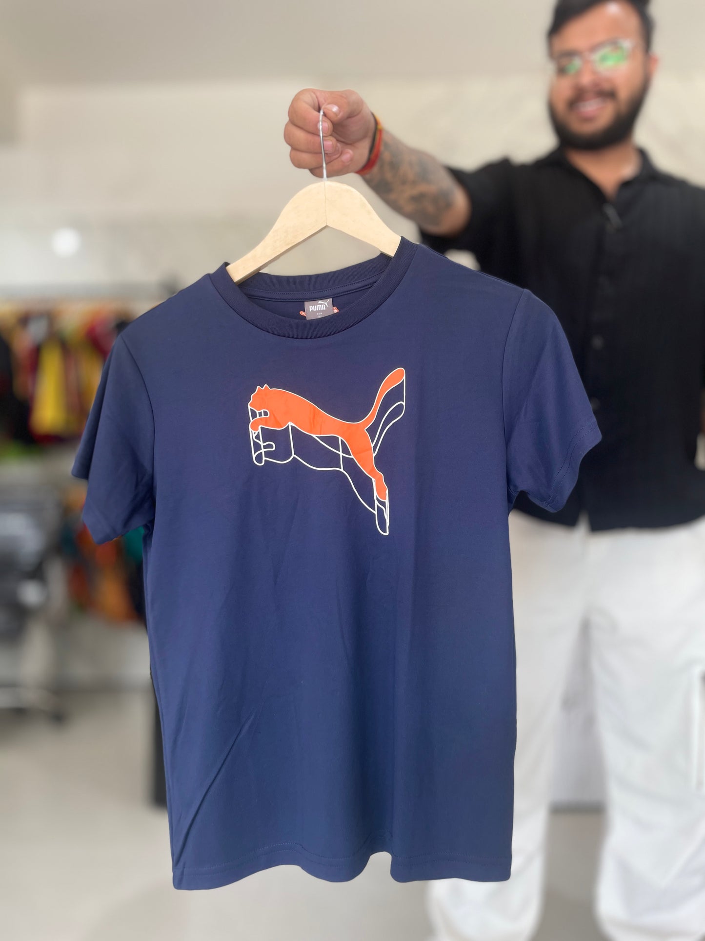Navy Blue Puma Logo Cotton T-Shirt