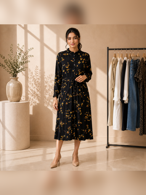 Midnight Floral Belted Midi Dress